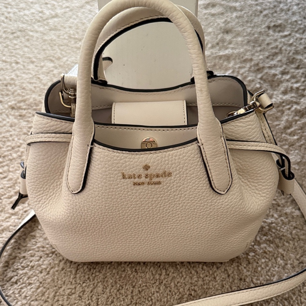 Kate Spade Cream Pebbled Leather Mini Satchel with Gold Logo